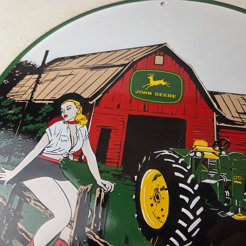 Vintage John Deere Pin Up Porcelain Sign - Barn Tractor Farm Girl Sign - Image 3