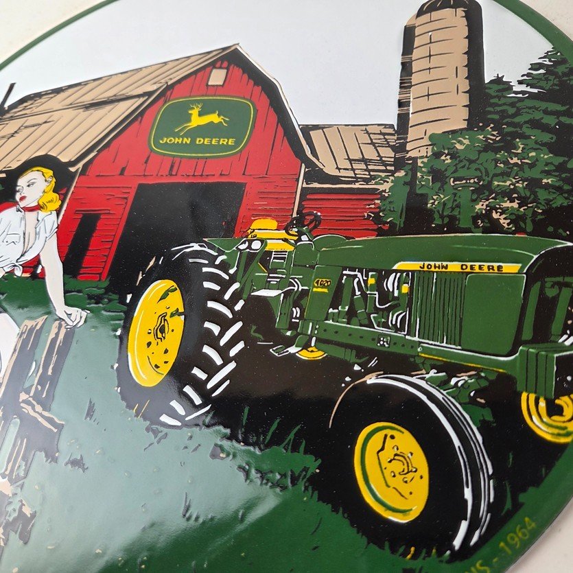 Vintage John Deere Pin Up Porcelain Sign - Barn Tractor Farm Girl Sign - Image 4