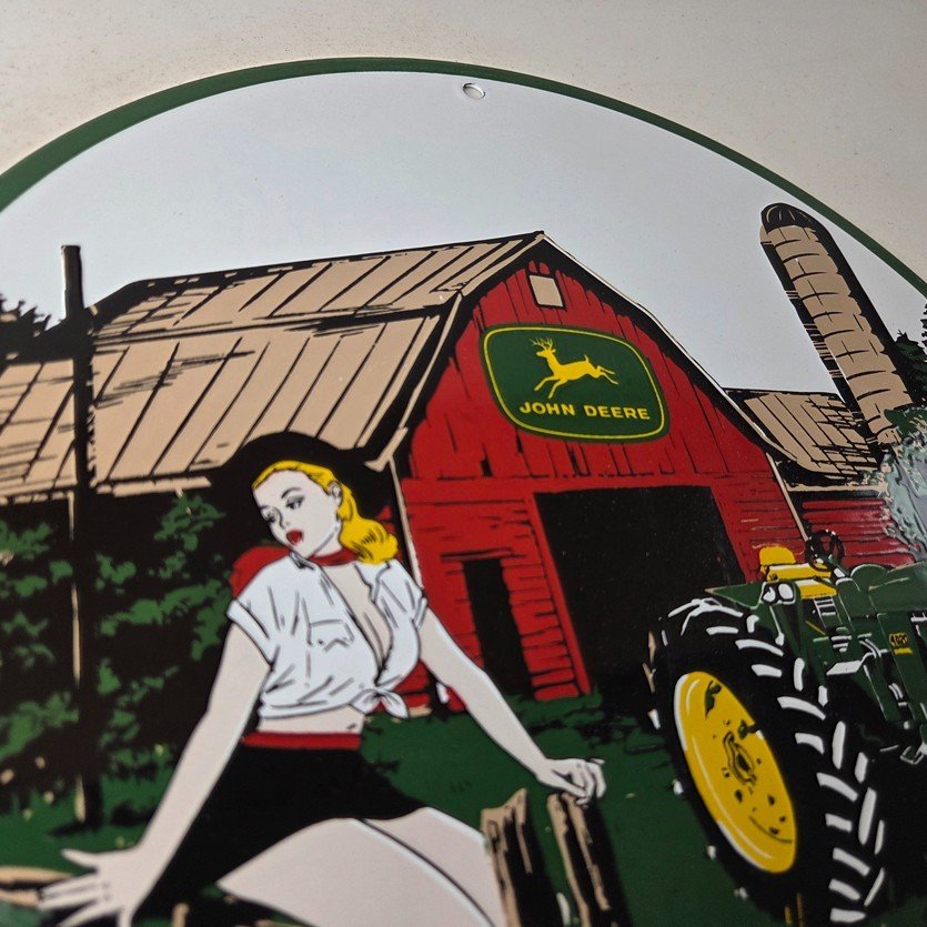 Vintage John Deere Pin Up Porcelain Sign - Barn Tractor Farm Girl Sign - Image 5