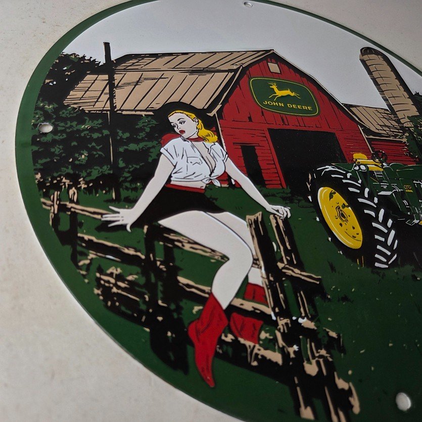 Vintage John Deere Pin Up Porcelain Sign - Barn Tractor Farm Girl Sign - Image 6