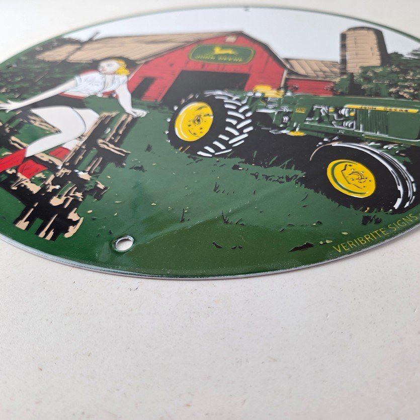 Vintage John Deere Pin Up Porcelain Sign - Barn Tractor Farm Girl Sign - Image 10