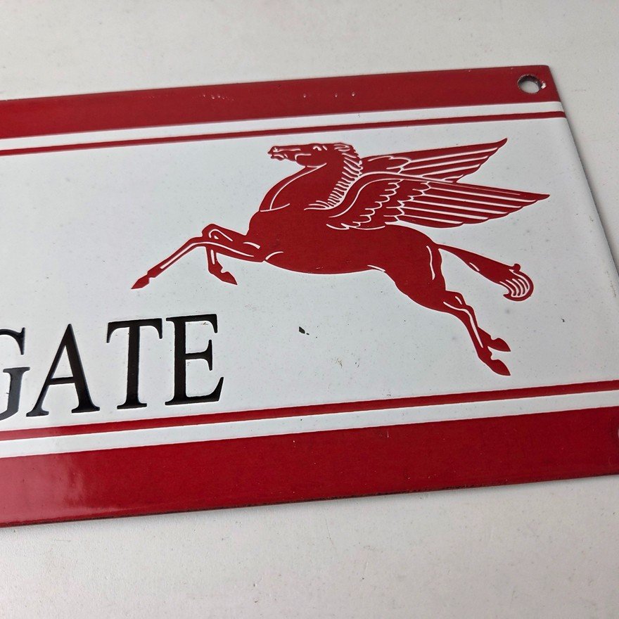 Vintage Mobil Sign - Please Shut Gate Gasoline Pump Shop Porcelain Sign - Image 4