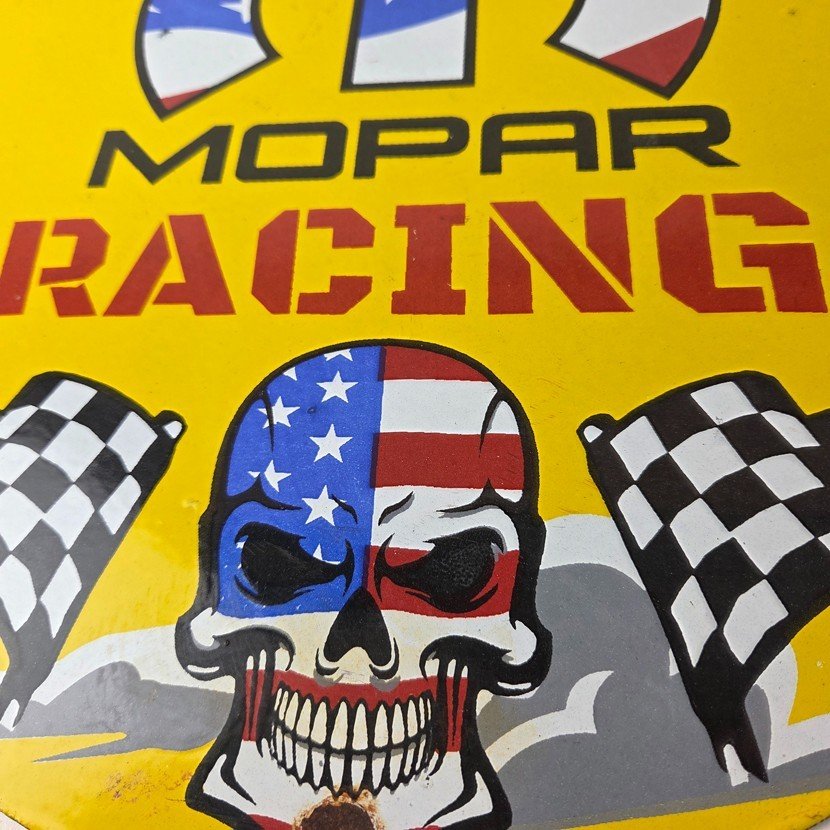 Vintage Mopar Racing Sign - Auto Flags Skull Auto Gas Porcelain Advertising Sign - Image 4