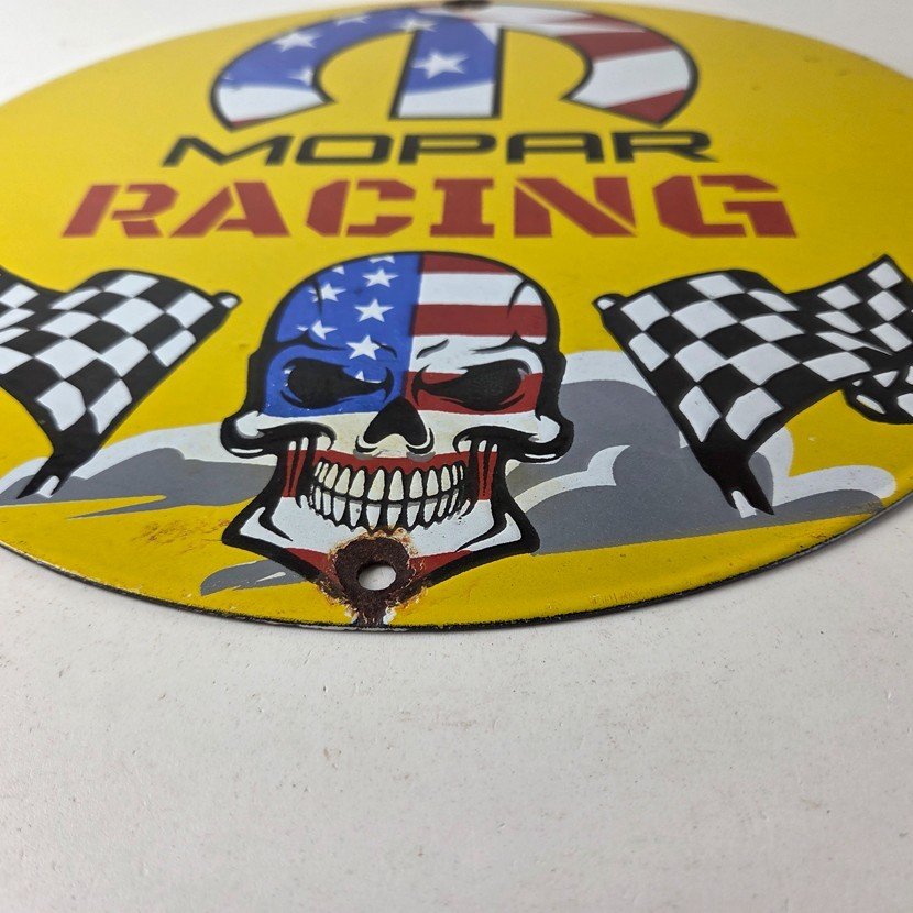 Vintage Mopar Racing Sign - Auto Flags Skull Auto Gas Porcelain Advertising Sign - Image 10