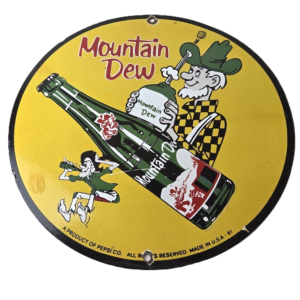 Vintage Mountain Dew Porcelain Sign - Moonshiner Bottle Boy Sign