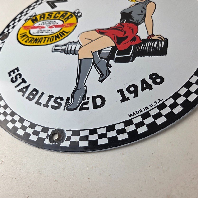 Vintage Nascar Sign - Spark Plug Pin Gas Pump Porcelain Sign - Image 14