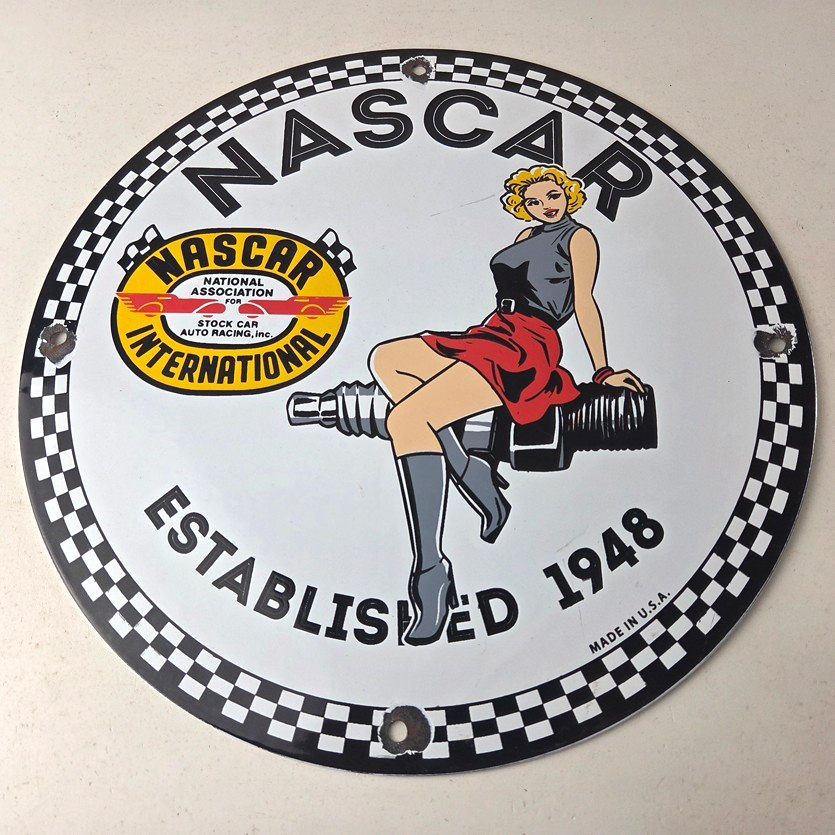 Vintage Nascar Sign - Spark Plug Pin Gas Pump Porcelain Sign - Image 15