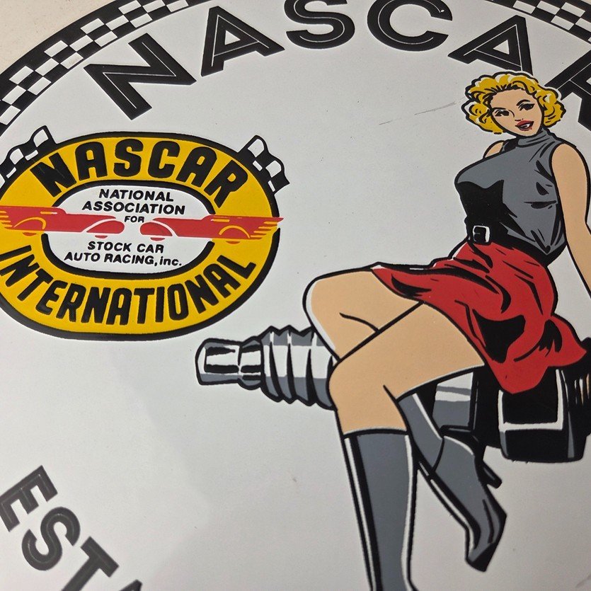Vintage Nascar Sign - Spark Plug Pin Gas Pump Porcelain Sign - Image 4