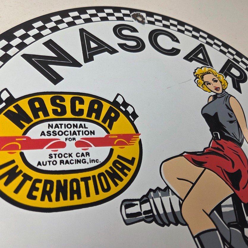 Vintage Nascar Sign - Spark Plug Pin Gas Pump Porcelain Sign - Image 5