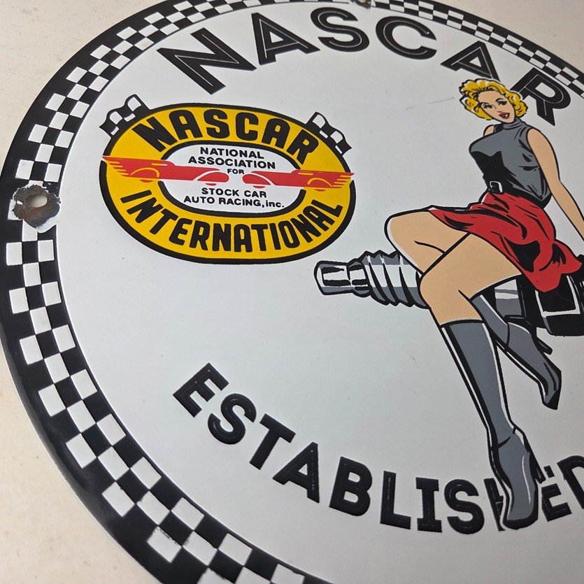 Vintage Nascar Sign - Spark Plug Pin Gas Pump Porcelain Sign - Image 6