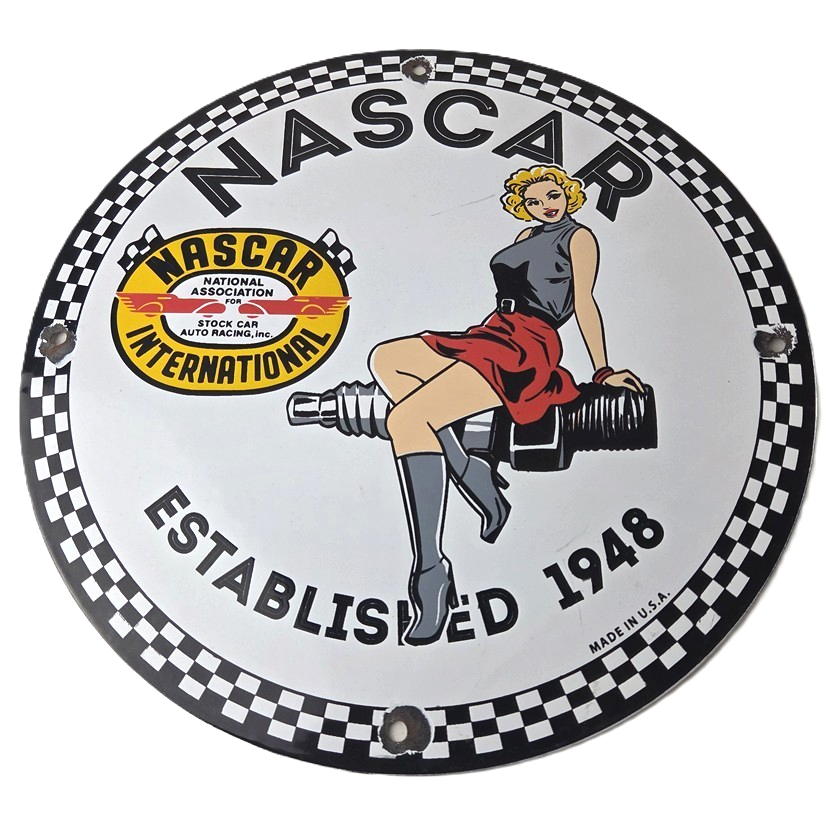 Vintage Nascar Sign - Spark Plug Pin Gas Pump Porcelain Sign