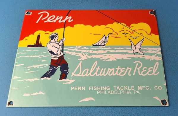 Vintage Penn Saltwater Reels Sign Fishing Gas Service Pump Porcelain Sign 305792739439