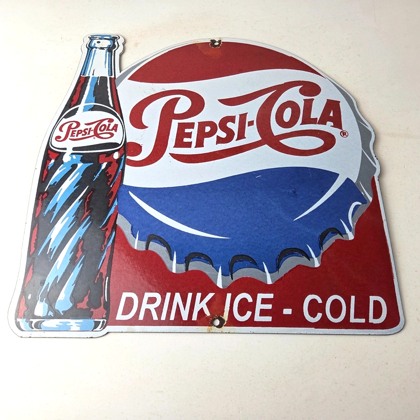 Vintage Pepsi Porcelain Sign - Ice Cold Beverage Drink Cola Gas Service Sign - Image 15