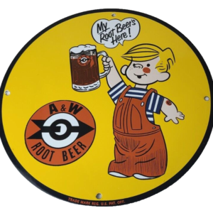 Vintage Porcelain Sign - Root Beer A&W Beverage Dennis Menace Advertising Sign