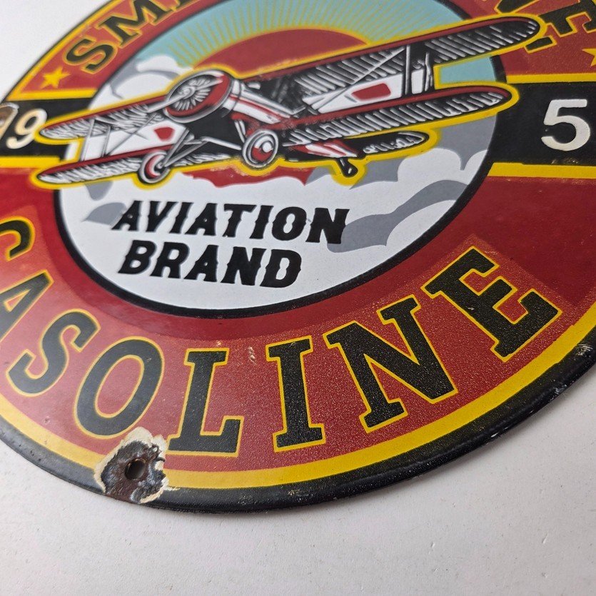Vintage Porcelain Smitholene Gasoline Sign - Aviation Service Gas Pump Sign - Image 14
