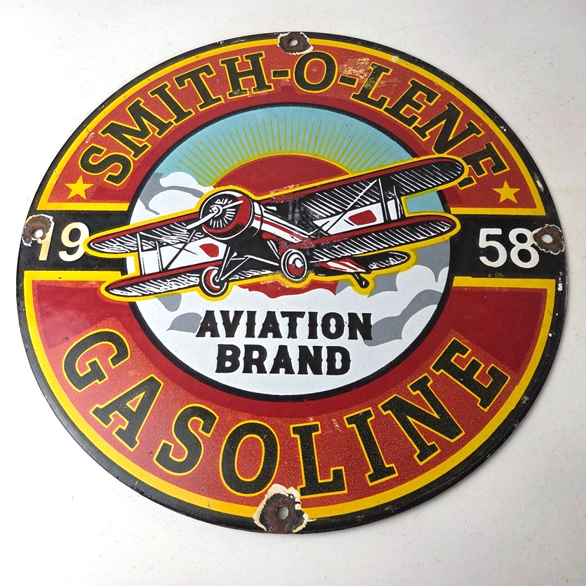 Vintage Porcelain Smitholene Gasoline Sign - Aviation Service Gas Pump Sign - Image 15
