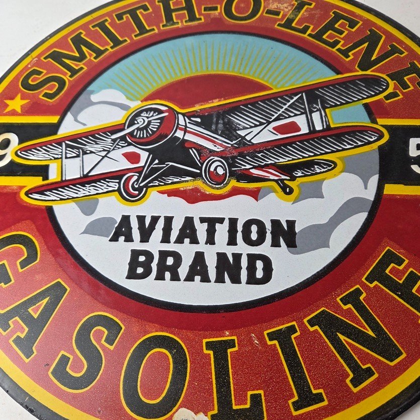 Vintage Porcelain Smitholene Gasoline Sign - Aviation Service Gas Pump Sign - Image 4