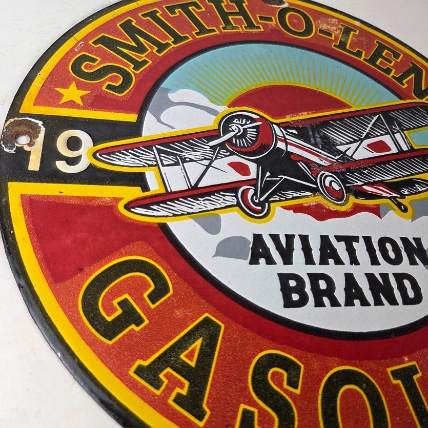 Vintage Porcelain Smitholene Gasoline Sign - Aviation Service Gas Pump Sign - Image 6