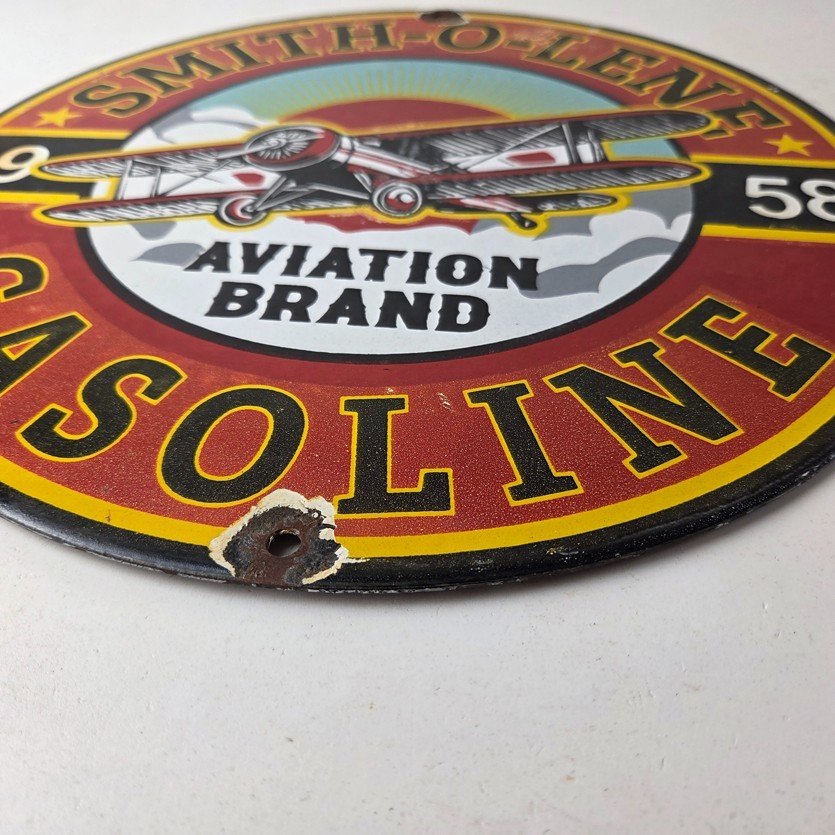 Vintage Porcelain Smitholene Gasoline Sign - Aviation Service Gas Pump Sign - Image 10