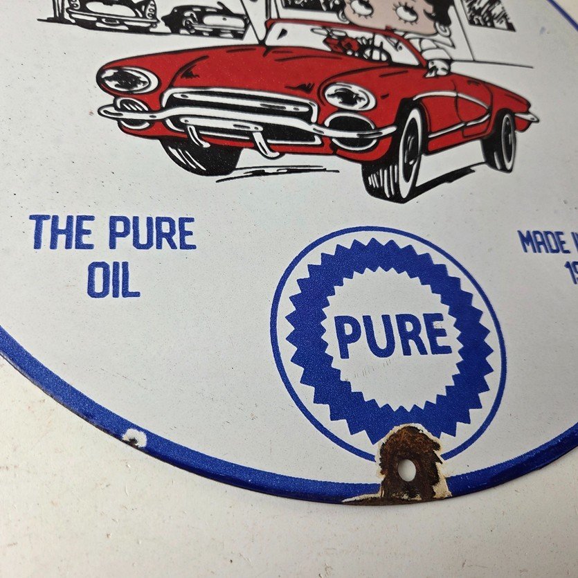 Vintage Pure Motor Oil Porcelain Sign - Betty Boop Gas Pump Plate Sign - Image 11