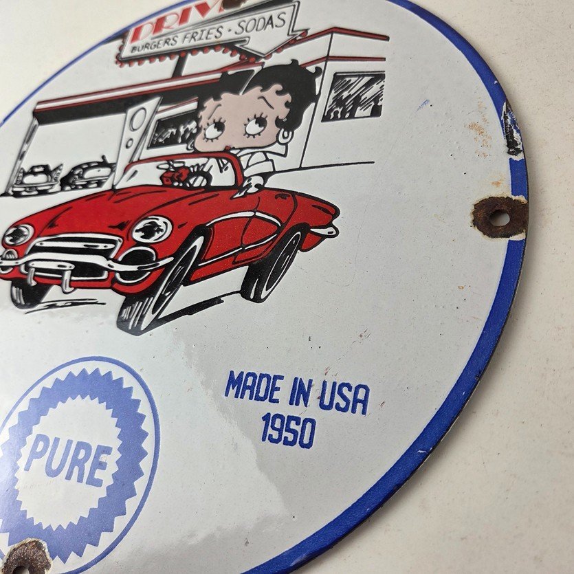 Vintage Pure Motor Oil Porcelain Sign - Betty Boop Gas Pump Plate Sign - Image 13