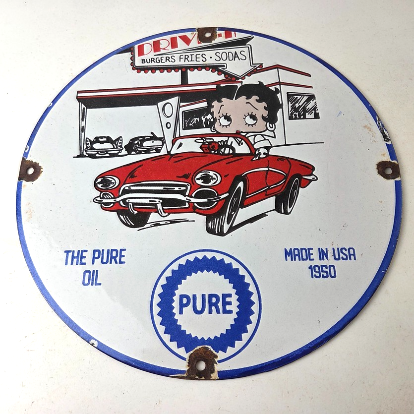 Vintage Pure Motor Oil Porcelain Sign - Betty Boop Gas Pump Plate Sign - Image 15