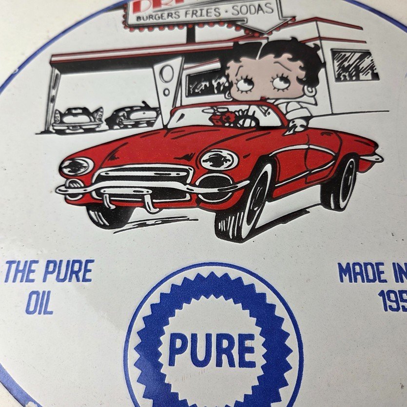 Vintage Pure Motor Oil Porcelain Sign - Betty Boop Gas Pump Plate Sign - Image 4
