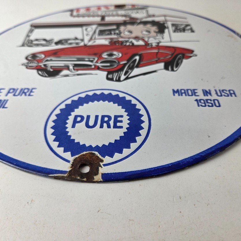 Vintage Pure Motor Oil Porcelain Sign - Betty Boop Gas Pump Plate Sign - Image 10