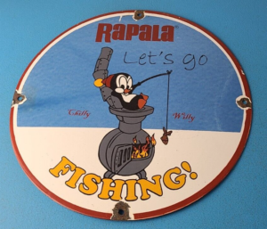 Vintage Rapala Fishing Lures Ad Sign Chilly Willy Porcelain Gas Sign 305874277589