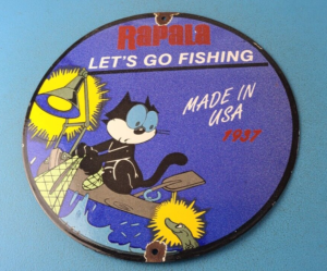 Vintage Rapala Fishing Lures Ad Sign Felix the Cat Porcelain Gas Pump Sign 305869984679