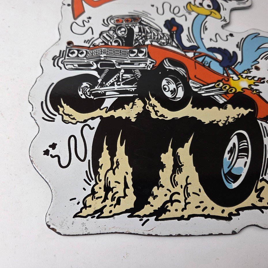 Vintage Rat Fink Porcelain Sign - Plymouth Road Runner Hot Rod Gas Pump Sign - Image 11