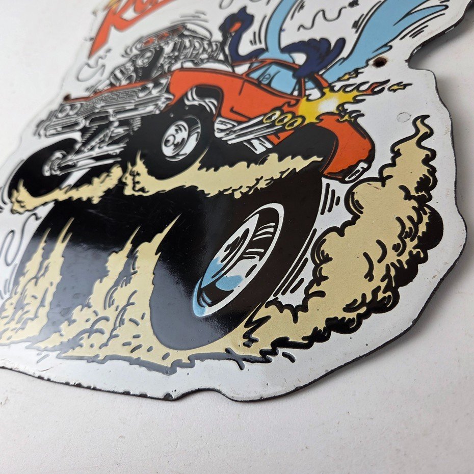 Vintage Rat Fink Porcelain Sign - Plymouth Road Runner Hot Rod Gas Pump Sign - Image 14