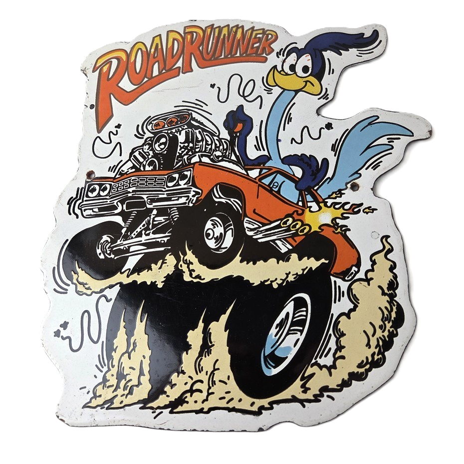 Vintage Rat Fink Porcelain Sign - Plymouth Road Runner Hot Rod Gas Pump Sign