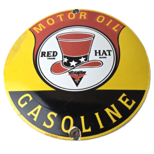 Vintage Red Hat Motor Oil Porcelain Sign - Gasoline Pump Plate Service Ad Sign