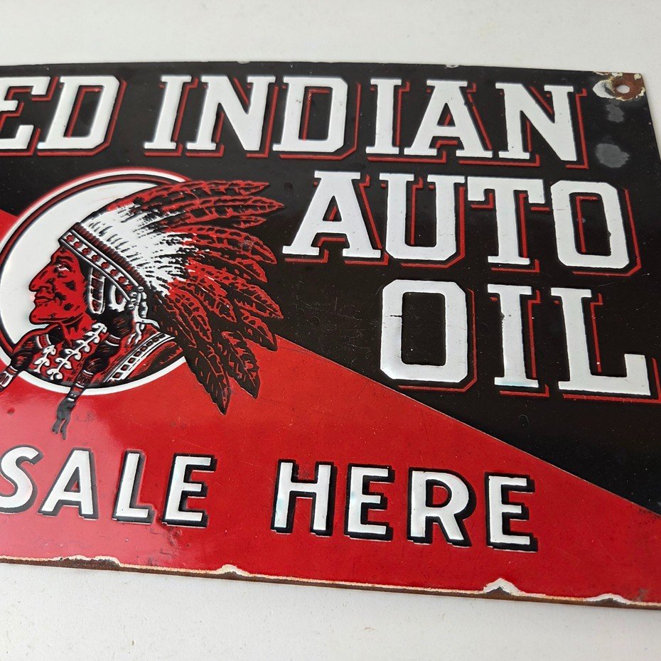 Vintage Red Indian Porcelain Sign - American Indian Auto Oil Service Gas Sign - Image 4