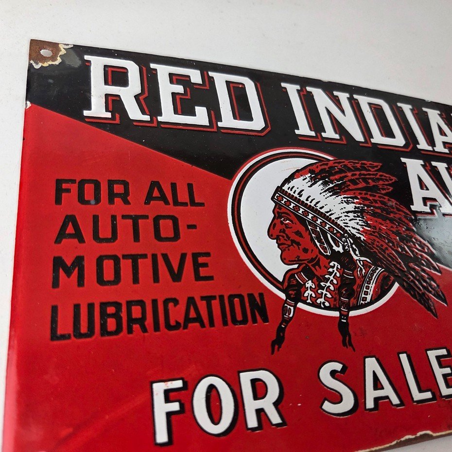 Vintage Red Indian Porcelain Sign - American Indian Auto Oil Service Gas Sign - Image 5