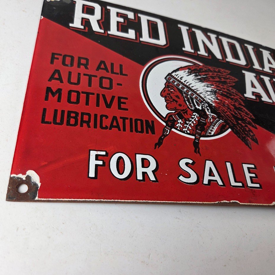 Vintage Red Indian Porcelain Sign - American Indian Auto Oil Service Gas Sign - Image 6