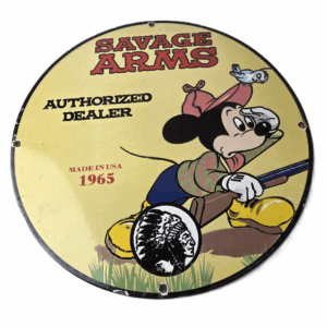 Vintage Savage Arms Sign - Mickey Porcelain Service Gun Ammo Gas Oil Pump Sign