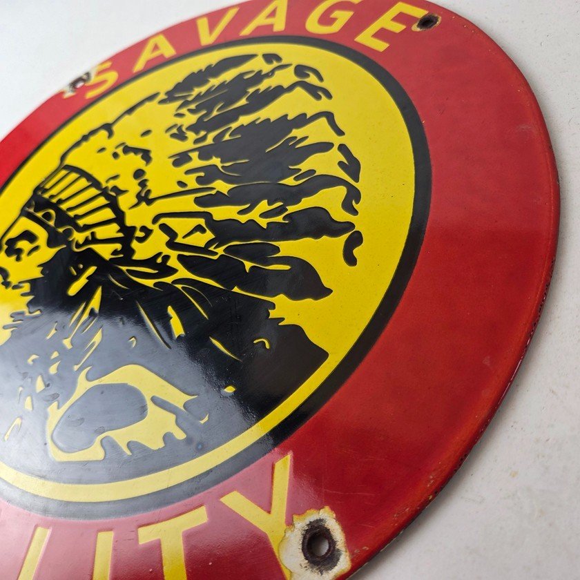 Vintage Savage Arms Sign - Quality Porcelain Service Gun Ammo Gas Oil Pump Sign - Image 13