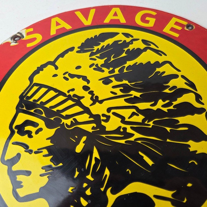 Vintage Savage Arms Sign - Quality Porcelain Service Gun Ammo Gas Oil Pump Sign - Image 3