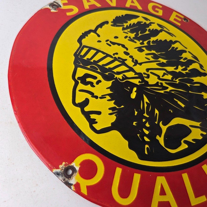 Vintage Savage Arms Sign - Quality Porcelain Service Gun Ammo Gas Oil Pump Sign - Image 6