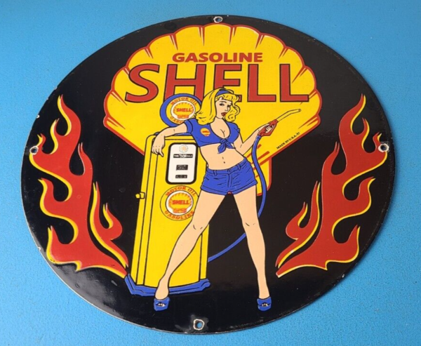 Vintage Shell Gasoline Sign Gas Station Attendant Fill Up Pump Porcelain Sign 305726882059