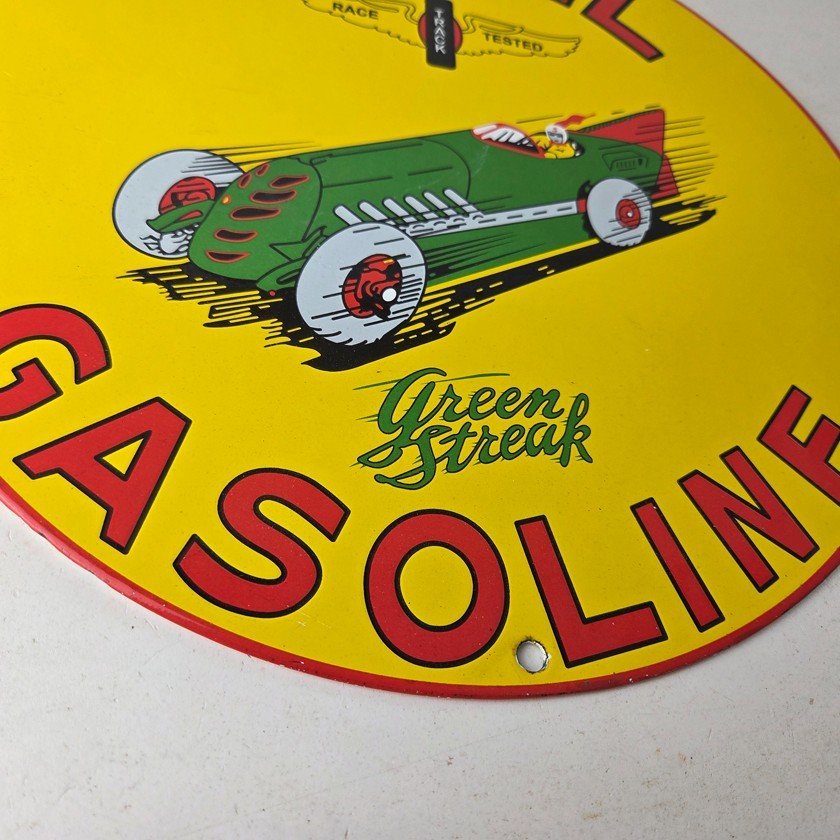 Vintage Shell Gasoline Sign - Green Streak Gas Pump Race Car Porcelain Sign - Image 11