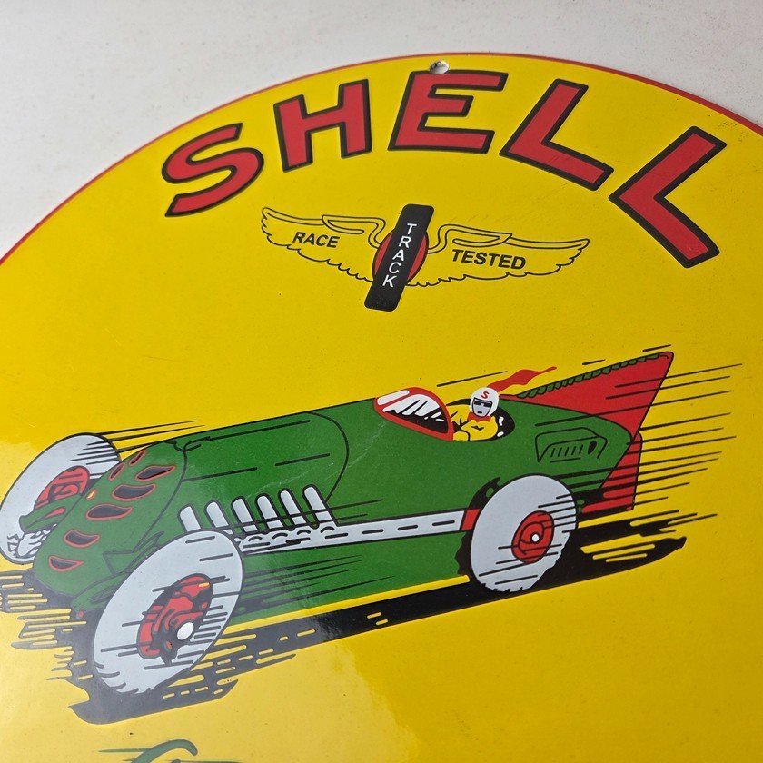 Vintage Shell Gasoline Sign - Green Streak Gas Pump Race Car Porcelain Sign - Image 12