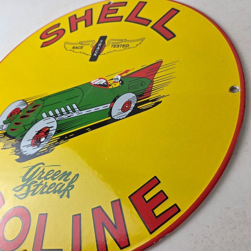 Vintage Shell Gasoline Sign - Green Streak Gas Pump Race Car Porcelain Sign - Image 13