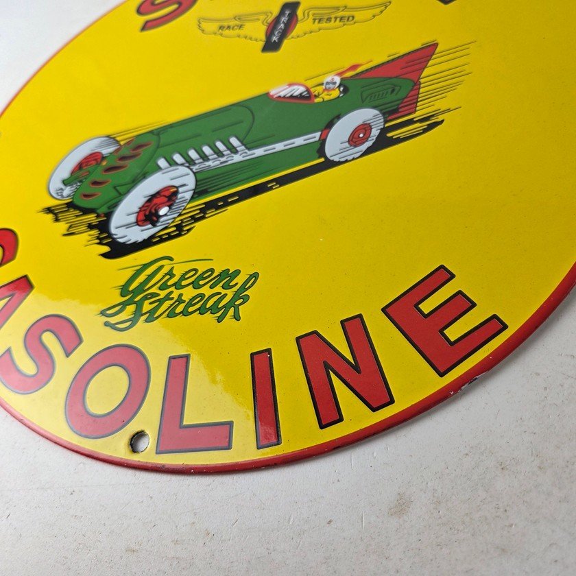 Vintage Shell Gasoline Sign - Green Streak Gas Pump Race Car Porcelain Sign - Image 14