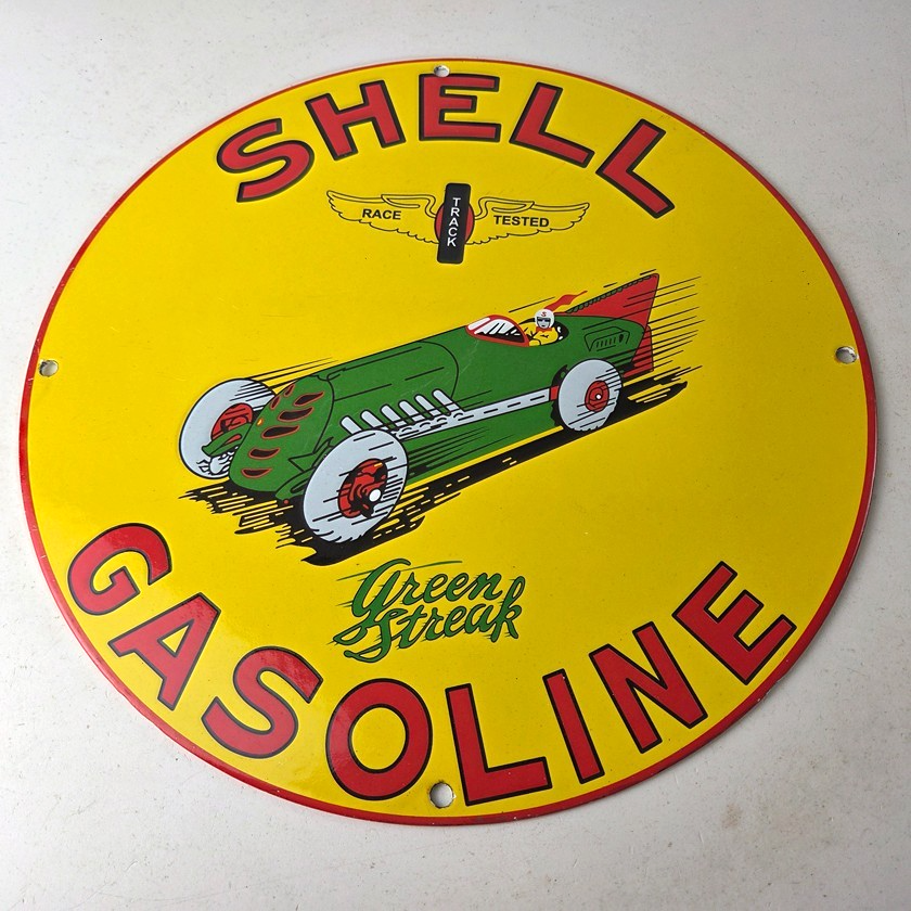 Vintage Shell Gasoline Sign - Green Streak Gas Pump Race Car Porcelain Sign - Image 15