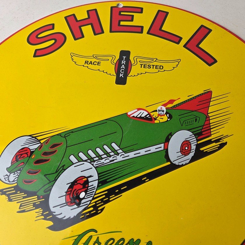 Vintage Shell Gasoline Sign - Green Streak Gas Pump Race Car Porcelain Sign - Image 3