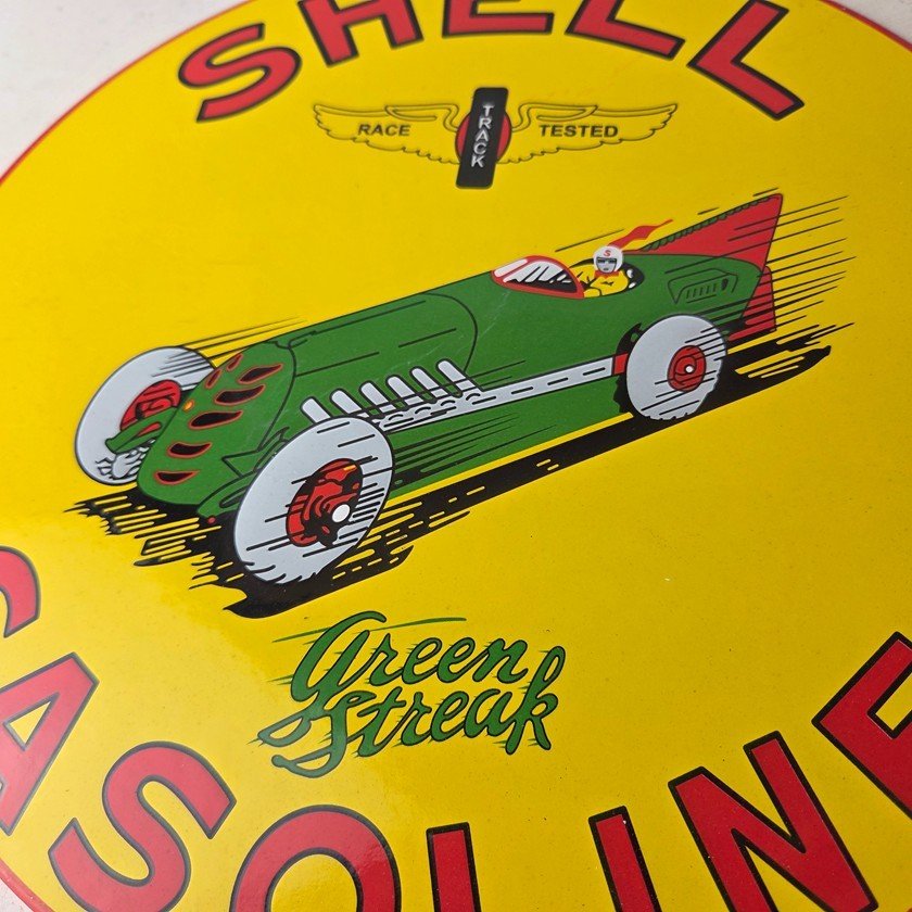 Vintage Shell Gasoline Sign - Green Streak Gas Pump Race Car Porcelain Sign - Image 4