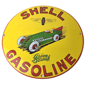 Vintage Shell Gasoline Sign - Green Streak Gas Pump Race Car Porcelain Sign